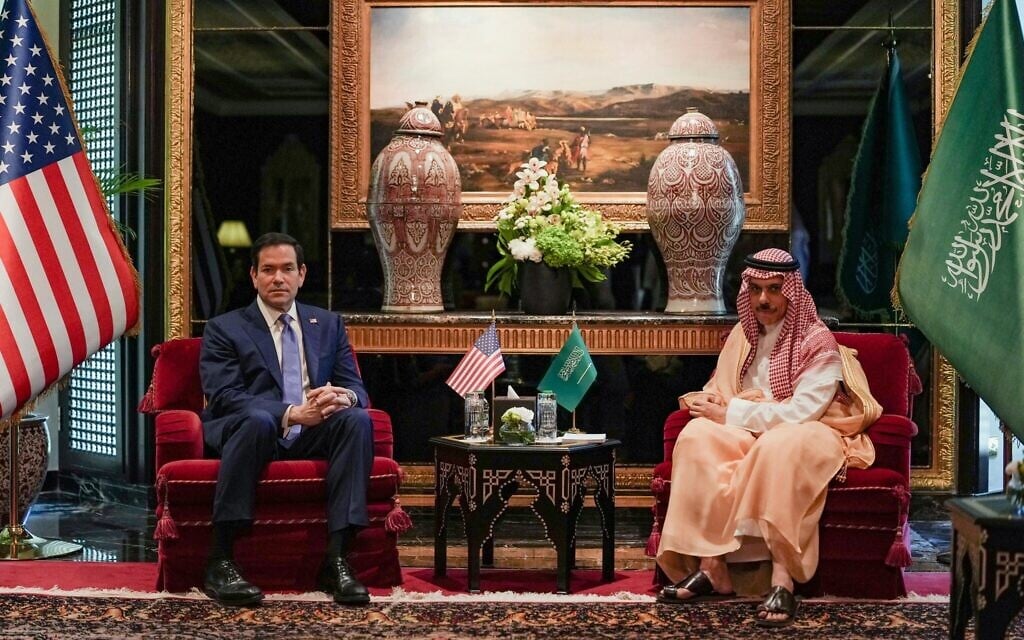 US Secretary of State Marco Rubio, left, meets Saudi Foreign Minister Faisal bin Farhan Al Saud in Manama, Bahrain, June 25, 2026. (Eric Lee/Pool Photo via AP)