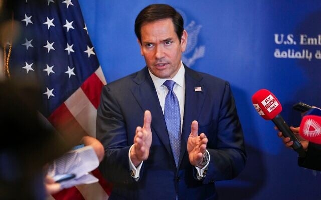 US Secretary of State Marco Rubio speaks with journalists before departing for Bahrain International Airport after his visit to the Middle East, in Manama, Bahrain, June 25, 2026. (Eric Lee/Pool Photo via AP) US Secretary of State Marco Rubio speaks with journalists before departing for Bahrain International Airport after his visit to the Middle East, in Manama, Bahrain, June 25, 2026. (Eric Lee/Pool Photo via AP)