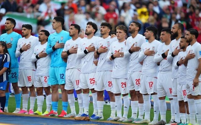 Iran's team stands for their national anthem during the World Cup Group G soccer match between Egypt and Iran in Seattle, June 26, 2026. (Manu Fernandez/AP) Iran's team stands for their national anthem during the World Cup Group G soccer match between Egypt and Iran in Seattle, June 26, 2026. (Manu Fernandez/AP)