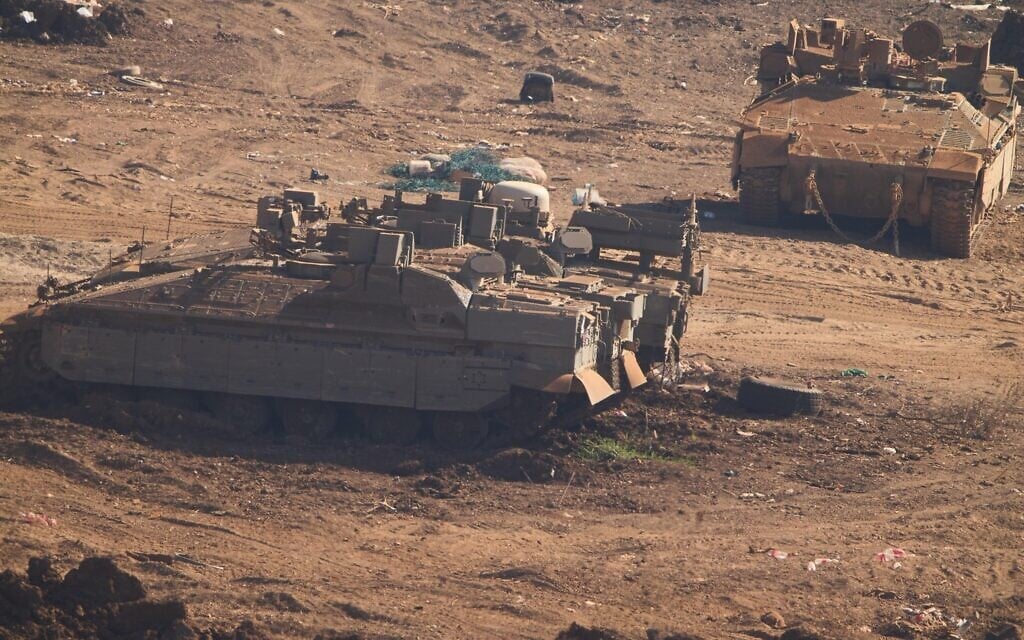 IDF APCs parked in northern Israel, near the border with Lebanon, June 27, 2026. (AP Photo/Ariel Schalit)