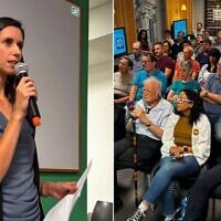 Neta Dan (left) speaks about the mysteries of archival research at the Academy of the Hebrew Language's archive night, June 9, 2026 (Courtesy)