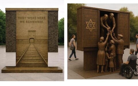 A rendering of the Holocaust memorial planned for Charlotte, North Carolina, features an evocation of the trains that carried Jews to Nazi death camps and an image of the entrance to Auschwitz. (Courtesy Circle of Humanity via JTA)