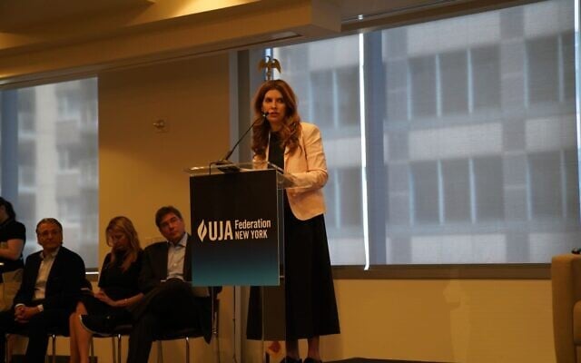 New York City Council Speaker Julie Menin at a Holocaust Survivors Day event on June 4, 2026. (Luke Tress/Times of Israel)