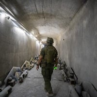 An Israeli soldier is seen in an underground Hezbollah drone facility in Majdal Zoun, southern Lebanon, on June 18, 2026. (Emanuel Fabian/Times of Israel)