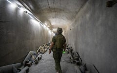 An Israeli soldier is seen in an underground Hezbollah drone facility in Majdal Zoun, southern Lebanon, on June 18, 2026. (Emanuel Fabian/Times of Israel)