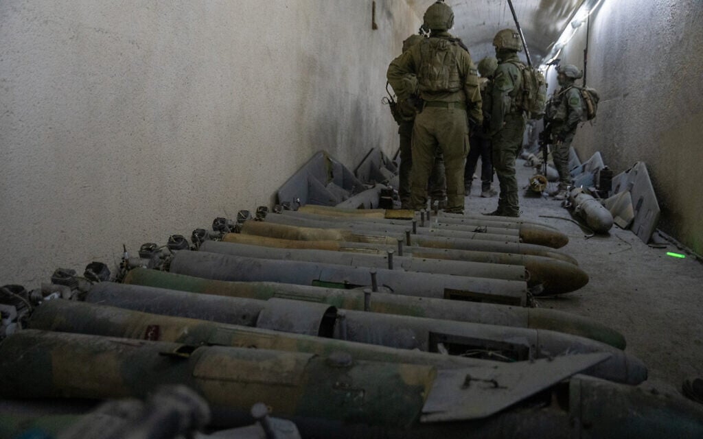 Unmanned aerial vehicle (UAV) parts in an underground Hezbollah drone facility in Majdal Zoun, southern Lebanon, on June 18, 2026. (Emanuel Fabian/Times of Israel)