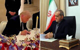 US President Donald Trump (left) seen signing the Persian-language version of the memorandum of understanding with Iran, at the Palace of Versailles in France, June 17, 2026. (Screenshot/White House via X); Iranian President Masoud Pezeshkian signs the MOU in a photo released June 17, 2026, by the regime-run IRNA news agency. (IRNA via X)