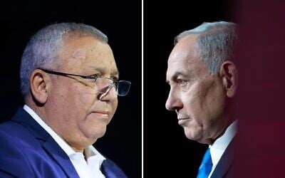 L: Yashar party chair Gadi Eisenkot, on November 1, 2025. (Moshe Shai/Flash90) R: Prime Minister Benjamin Netanyahu speaks at the Jewish News Syndicate conference in Jerusalem, on June 21, 2026. (Chaim Goldberg/Flash90)