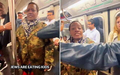A woman screaming 'Jews are eating kids!' on the New York City Subway, May 31, 2026. (Screenshot/Combat Antisemitism Movement on X)