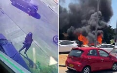 Footage shows a shooting in which two men were killed in the central Arab city of Qalansawe (left), and a car bomb that killed a man in Holon, June 28, 2026. (Social media, used in accordance with Clause 27a of the Copyright Law)