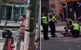 Police cuff a shirtless man seen earlier chasing an Asian man and trying to break into a restaurant while holding a large weapon, in Edinburgh, Scotland, June 19, 2026. (Screen capture: X, used in accordance with Clause 27a of the Copyright Law)