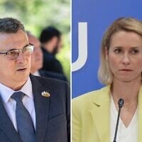 Foreign Minister Gideon Sa'ar (left) arrives to a ceremony for Somaliland's President Abdirahman Abdullahi Mohamed, at president Isaac Herzog's residence in Jerusalem, June 14, 2026. (Chaim Goldberg/Flash90); European Union foreign policy chief Kaja Kallas talks to the media during an informal EU defense meeting in Nicosia, Cyprus, June 8, 2026. (Petros Karadjias/AP)
