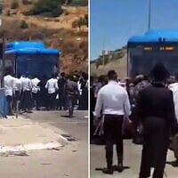 Haredi men block a bus at the Tunnels Checkpoint, between south Jerusalem and the West Bank, on June 7, 2026, following the arrest of a suspected participant in an anti-enlistment riot outside the home of Supreme Court Justice Noam Sohlberg. (Screen capture: Moshe Zaide/ZiratNews via X)