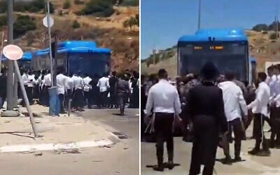 Haredi men block a bus at the Tunnels Checkpoint, between south Jerusalem and the West Bank, on June 7, 2026, following the arrest of a suspected participant in an anti-enlistment riot outside the home of Supreme Court Justice Noam Sohlberg. (Screen capture: Moshe Zaide/ZiratNews via X)