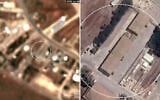 A combo of satellite images captured by the European Commission's Copernicus Sentinel-2 satellite, appearing to show damage to a hangar at the Ramat David airbase in northern Israel following an Iranian ballistic missile attack, June 8, 2026. (Screengrab / Copernicus Sentinel-2 via Soar)