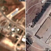 A combo of satellite images captured by the European Commission's Copernicus Sentinel-2 satellite, appearing to show damage to a hangar at the Ramat David airbase in northern Israel following an Iranian ballistic missile attack, June 8, 2026. (Screengrab / Copernicus Sentinel-2 via Soar)