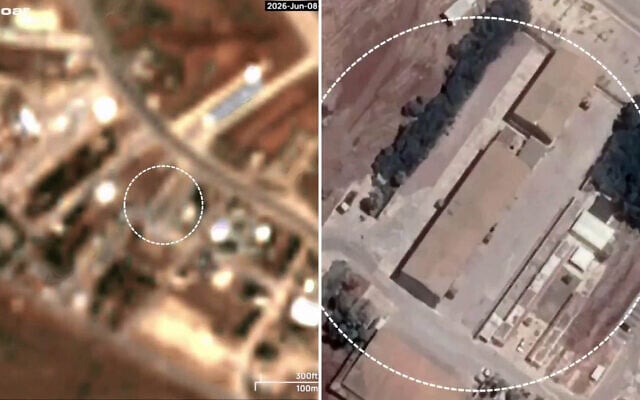 A combo of satellite images captured by the European Commission's Copernicus Sentinel-2 satellite, appearing to show damage to a hangar at the Ramat David airbase in northern Israel following an Iranian ballistic missile attack, June 8, 2026. (Screengrab / Copernicus Sentinel-2 via Soar) A combo of satellite images captured by the European Commission's Copernicus Sentinel-2 satellite, appearing to show damage to a hangar at the Ramat David airbase in northern Israel following an Iranian ballistic missile attack, June 8, 2026. (Screengrab / Copernicus Sentinel-2 via Soar)