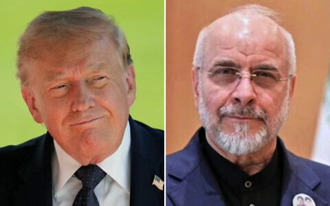 US President Donald Trump arrives for the G7 summit in Evian-les-Bains, France,, June 15, 2026. (AP Photo/Vadim Ghirda); Iran's Parliament Speaker Mohammad Bagher Ghalibaf, in Islamabad, Pakistan, on April 11, 2026. (Pakistan Prime Minister Office via AP)