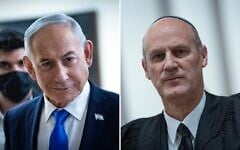 Prime Minister Benjamin Netanyahu (left) walks outside his office at the Knesset, the Israeli parliament in Jerusalem, June 3, 2026. (Yonatan Sindel/Flash90); Attorney Michael Rabello attends a hearing on a petition demanding the formation of a state commission of inquiry into the October 7 massacre at the Supreme Court in Jerusalem, April 23, 2026. (Yonatan Sindel/Flash90)