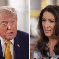 US President Donald Trump, left, with 'Pod Force One' host Miranda Devine, during an interview published June 3, 2026, in which he confirmed cursing Prime Minister Benjamin Netanyahu in a phone call. (Screenshots/Pod Force One)