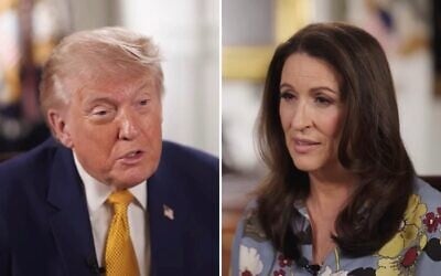 US President Donald Trump, left, with 'Pod Force One' host Miranda Devine, during an interview published June 3, 2026, in which he confirmed cursing Prime Minister Benjamin Netanyahu in a phone call. (Screenshots/Pod Force One)