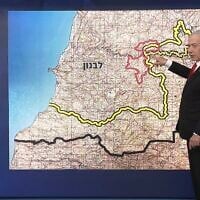 Prime Minister Benjamin Netanyahu points at areas where the IDF will withdraw from as part of a US-mediated agreement with Lebanon, during a press conference on June 27, 2026. (YouTube Screenshot)