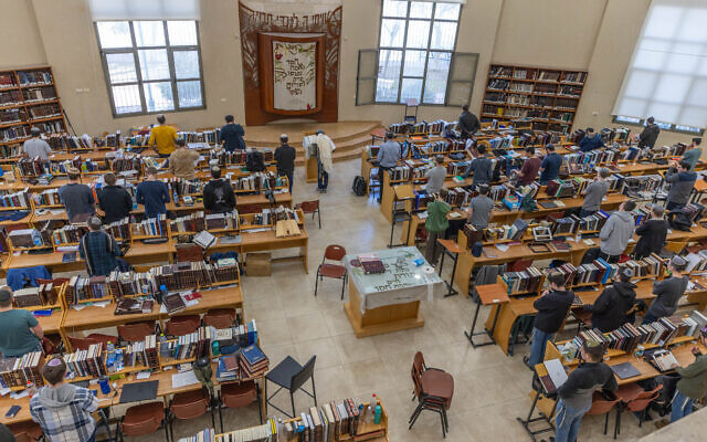 Jewish men study torah at the Yeshivat Hesder Yeruham, in southern Israel, February 20, 2024. (Yossi Aloni/Flash90)