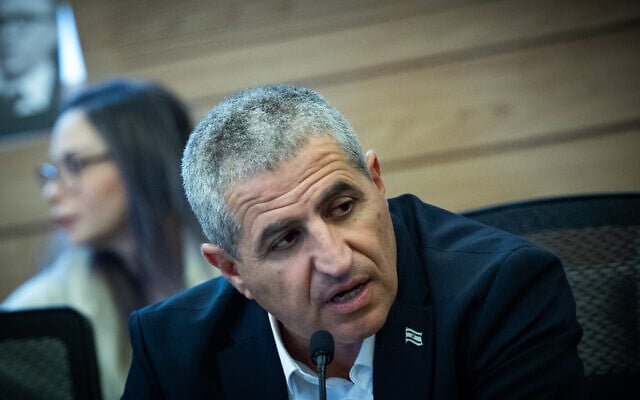 Nahariya Mayor Ronen Marelly speaks during a Knesset Finance Committee meeting in Jerusalem on November 25, 2024. (Yonatan Sindel/Flash90)