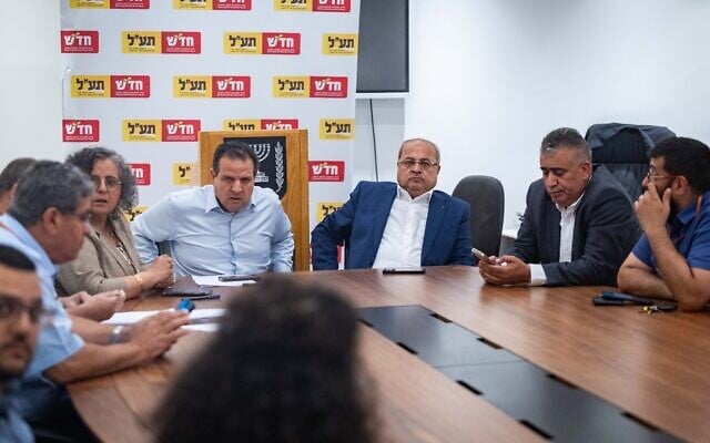 Party leaders Ayman Odeh (center left) and Ahmad Tibi (center right) seen during a Hadash–Ta'al faction meeting at the Knesset in Jerusalem on May 12, 2025. (Yonatan Sindel/Flash90) Party leaders Ayman Odeh (center left) and Ahmad Tibi (center right) seen during a Hadash–Ta'al faction meeting at the Knesset in Jerusalem on May 12, 2025. (Yonatan Sindel/Flash90)