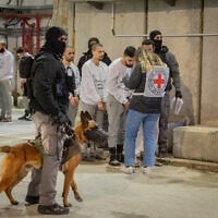 Members of the Red Cross watch while Israel Prison Service officers prepare Palestinian prisoners for release from Ketziot Prison as part of a deal in exchange for hostages held in Gaza, on February 26, 2025. (Chaim Goldberg/Flash90)