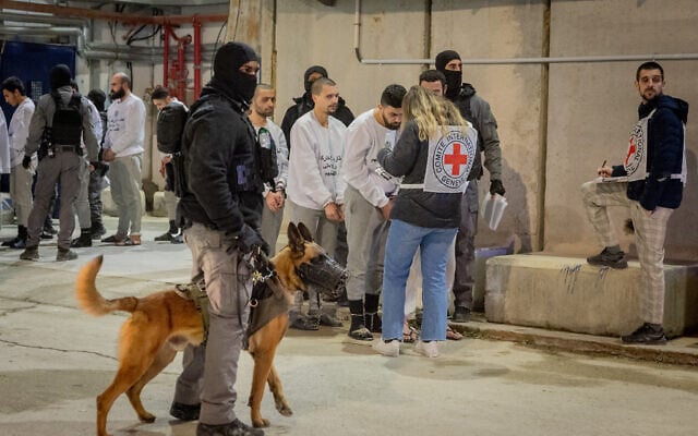 Members of the Red Cross watch while Israel Prison Service officers prepare Palestinian prisoners for release from Ketziot Prison as part of a deal in exchange for hostages held in Gaza, on February 26, 2025. (Chaim Goldberg/Flash90)