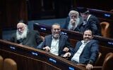 L-R, front: MKs Yitzhak Goldknopf (L), Moshe Gafni and Yinon Azulai in the Knesset, January 14, 2026. (Yonatan Sindel/Flash90)