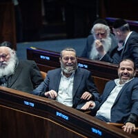 L-R, front: MKs Yitzhak Goldknopf (L), Moshe Gafni and Yinon Azulai in the Knesset, January 14, 2026. (Yonatan Sindel/Flash90)