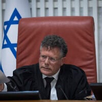 Supreme Court President Isaac Amit presides over a hearing on petitions regarding women’s prayer at the Western Wall, February 17, 2026. (Chaim Goldberg/Flash90)