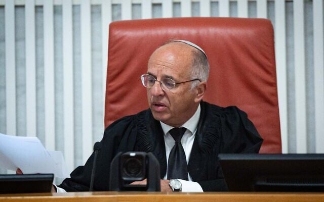 Supreme Court Justice Noam Sohlberg at a hearing on the draft of ultra-Orthodox Jews into the IDF at the Supreme Court in Jerusalem, April 12, 2026. (Yonatan Sindel/Flash90)