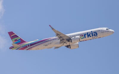 An Arkia plane takes off at Ben Gurion Airport, outside of Tel Aviv, May 5, 2026. (Yossi Aloni/Flash90)