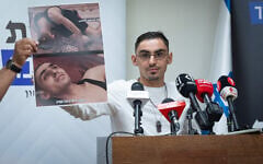 Former hostage Rom Braslavski attends a press conference in the Knesset, calling for the establishment of a state commission of inquiry into the events of October 7, May 11, 2026. (Yonatan Sindel/Flash90)