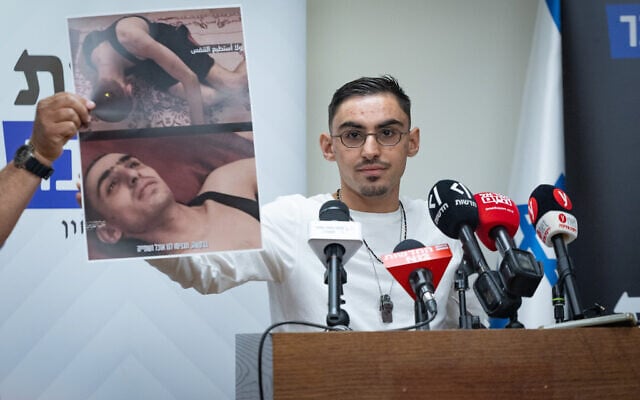 Former hostage Rom Braslavski attends a press conference in the Knesset, calling for the establishment of a state commission of inquiry into the events of October 7, May 11, 2026. (Yonatan Sindel/Flash90)