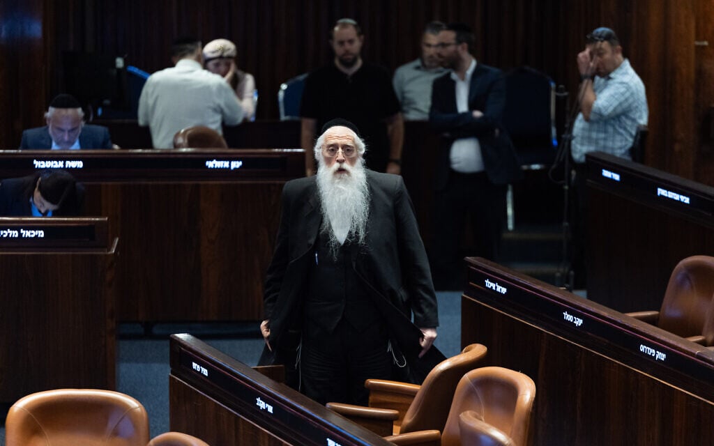United Torah Judaism MK Meir Porush attends a plenum session at the assembly hall of the Knesset, in Jerusalem, May 20, 2026. (Yonatan Sindel/Flash90)