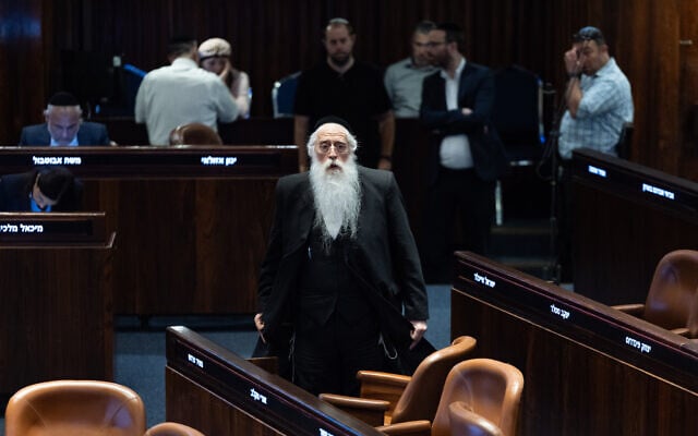United Torah Judaism MK Meir Porush attends a plenum session at the assembly hall of the Knesset, in Jerusalem, May 20, 2026. (Yonatan Sindel/Flash90) United Torah Judaism MK Meir Porush attends a plenum session at the assembly hall of the Knesset, in Jerusalem, May 20, 2026. (Yonatan Sindel/Flash90)