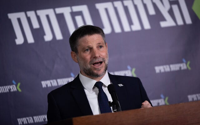 Finance Minister Bezalel Smotrich, who heads the Religious Zionism party, speaks during a press conference at the Knesset in Jerusalem, May 26, 2026. (Yonatan Sindel/Flash90) Finance Minister Bezalel Smotrich, who heads the Religious Zionism party, speaks during a press conference at the Knesset in Jerusalem, May 26, 2026. (Yonatan Sindel/Flash90)