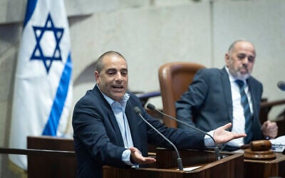 Coalition whip Ofir Katz (Likud) speaks in the Knesset before the passage of the first reading of a bill to dissolve parliament, June 1, 2026. (Chaim Goldberg/Flash90) Coalition whip Ofir Katz (Likud) speaks in the Knesset before the passage of the first reading of a bill to dissolve parliament, June 1, 2026. (Chaim Goldberg/Flash90)