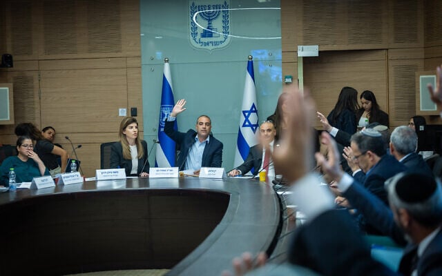 MK Ofir Katz leads a House Committee meeting at the Knesset in Jerusalem on, June 1, 2026 (Yonatan Sindel/Flash90)