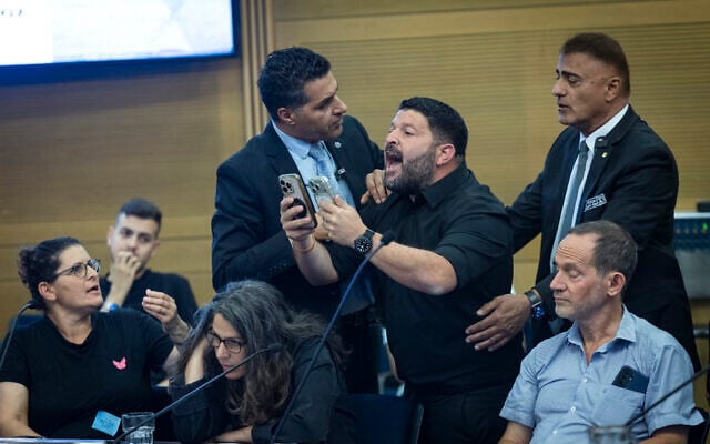 Otzma Yehudit's Almog Cohen shouts during an event titled 'Transfer in Practice: Palestinian Communities Under Attack' at the Knesset in Jerusalem, June 2, 2026 (Yonatan Sindel/Flash90)