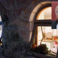 Smashed windows are seen at the home of Supreme Court Deputy Chief Justice Noam Sohlberg in the settlement of Alon Shvut following a riot by Haredi demonstrators, June 3, 2026. (Chaim Goldberg/Flash90); inset: Supreme Court Deputy President Noam Sohlberg at a court hearing, February 2, 2026. (Yonatan Sindel/Flash90)