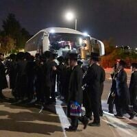 Ultra-Orthodox Jewish men, protesting against the jailing of yeshiva students who failed to comply with army recruitment orders, seen at the scene of a violent attack on the home of Supreme Court Deputy President Noam Sohlberg in the settlement of Alon Shvut, June 3, 2026. (Chaim Goldberg/Flash90)