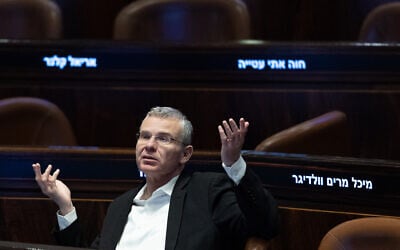 Justice Minister Yariv Levin attends a session of the Knesset plenum, June 3, 2026. (Yonatan Sindel/Flash90)