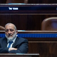 Shas chairman MK Aryeh Deri in the Knesset, June 3, 2026. (Yonatan Sindel/Flash90)