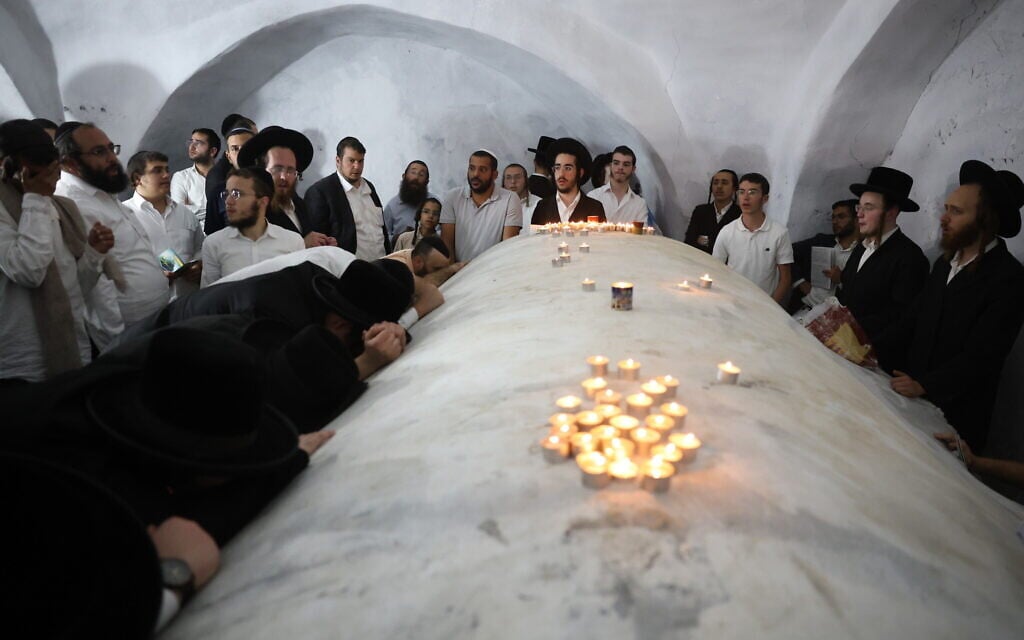 Jews visit and pray at the Tomb of Joshua bin Nun in the Palestinian village of Kifl Hares in the West Bank, June 3, 2026. (David Cohen/Flash90)