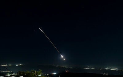 Israeli air defense system fires to intercept incoming ballistic missiles launched from Iran, as seen over northern Israel, June 7, 2026. (Ayal Margolin/Flash90)
